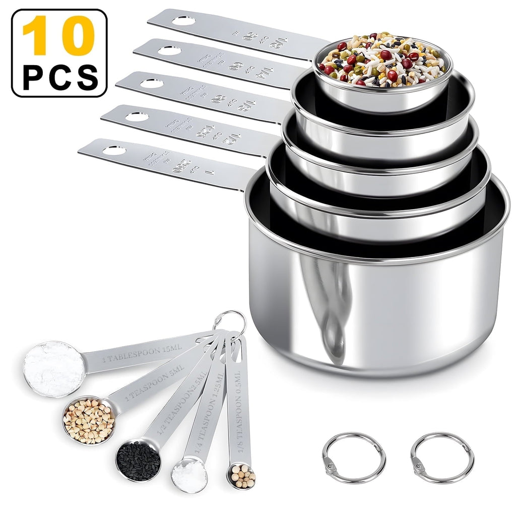 Premium Silicone Measuring Cups and Spoons Set of 10, 5 Stainless Steel Cups and 5 Spoons for Kitchen Cooking Baking - Premium Stainless Steel Cooking Utensil for Non-Stick Pots - Default Title