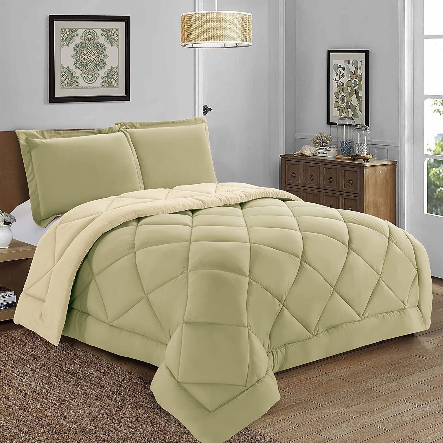 All-Season 3-Piece Comforter Set - Reversible, Box Stitched Down Alternative, King/California King, All Season Suitable, Sage/Cream - Luxurious Quilted Duvet Cover Set - Default Title
