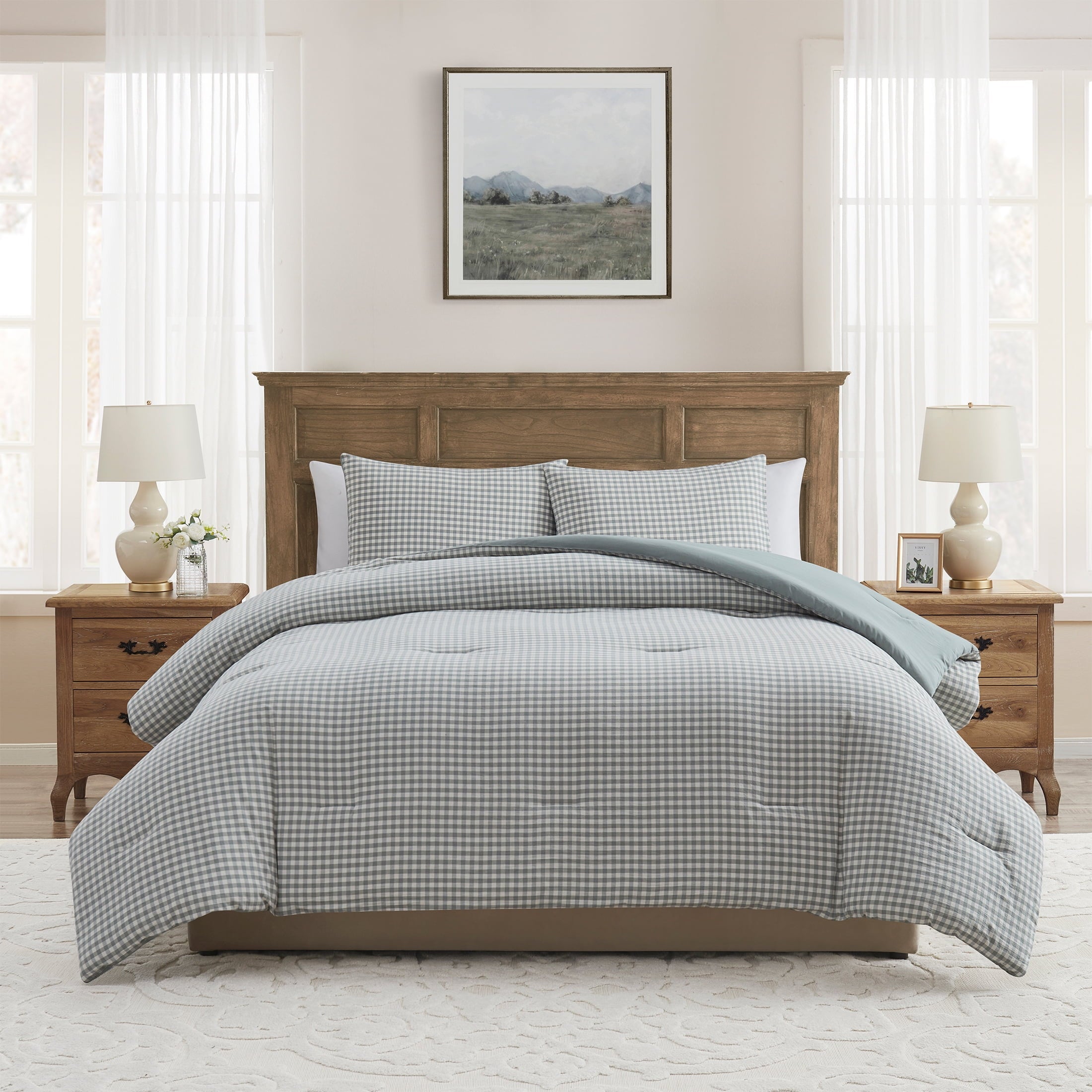 Luxurious Quilted Full/Queen Comforter Set, All-Season, 3-Piece, Green Gingham Plaid - Luxurious Quilted Duvet Cover Set - Default Title