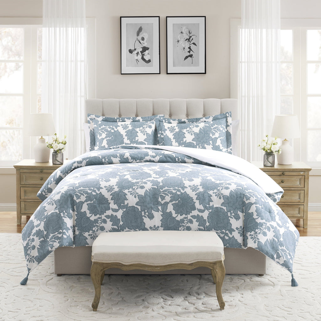 All-Season Veronica 3-Piece Blue Floral Cotton Slub Comforter Set, King - Luxurious Quilted Duvet Cover Set - Default Title