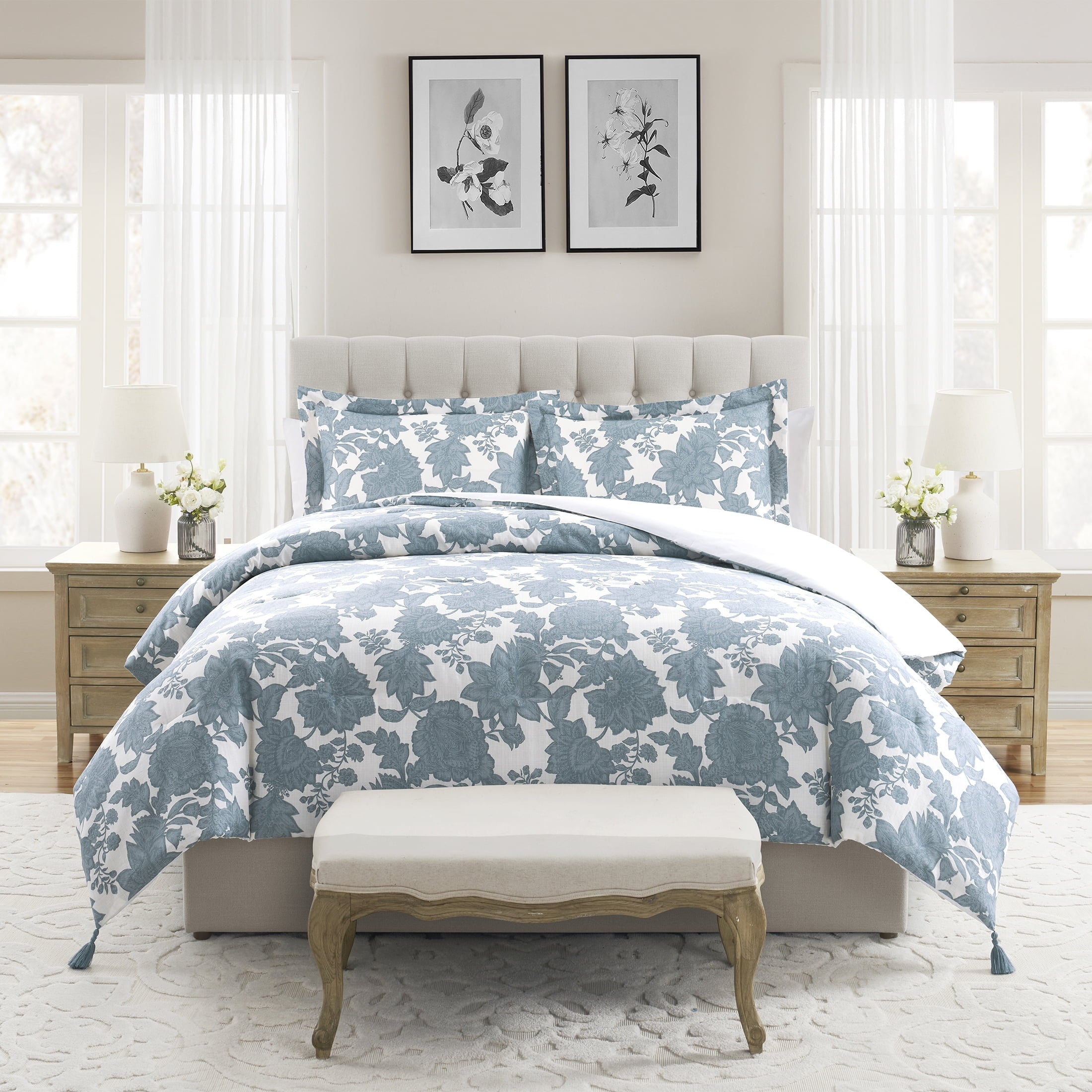 All-Season Veronica 3-Piece Blue Floral Cotton Slub Comforter Set, King - Luxurious Quilted Duvet Cover Set - Default Title