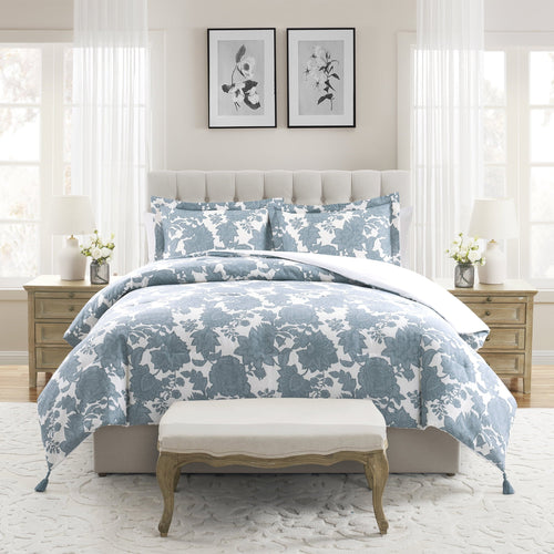All-Season Veronica 3-Piece Blue Floral Cotton Slub Comforter Set, King - Luxurious Quilted Duvet Cover Set - Default Title