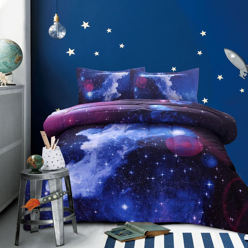 Heavyweight Warmth Galaxy Bedding Sets Outer Space Comforter 3D Printed Space Quilt Set Full Size for Kids Blue - Hypoallergenic Ultra-Fluffy Quilt for Winter - Default Title