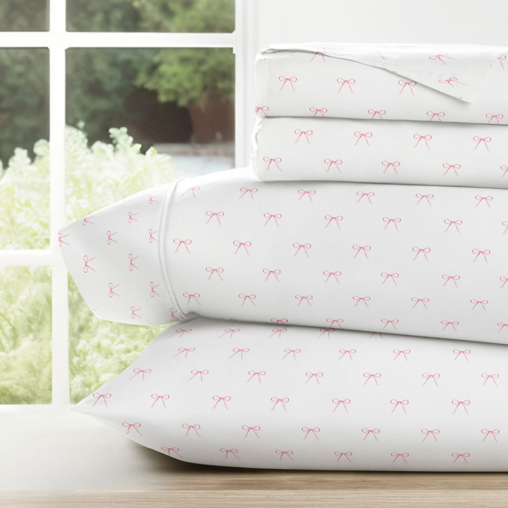 Cooling Sateen 3 Piece Ditsy Pattern Microfiber Bed Sheets, Pink Bows, Twin-XL - Cooling Hotel Quality Bedding Sheets and Pillowcases - Default Title
