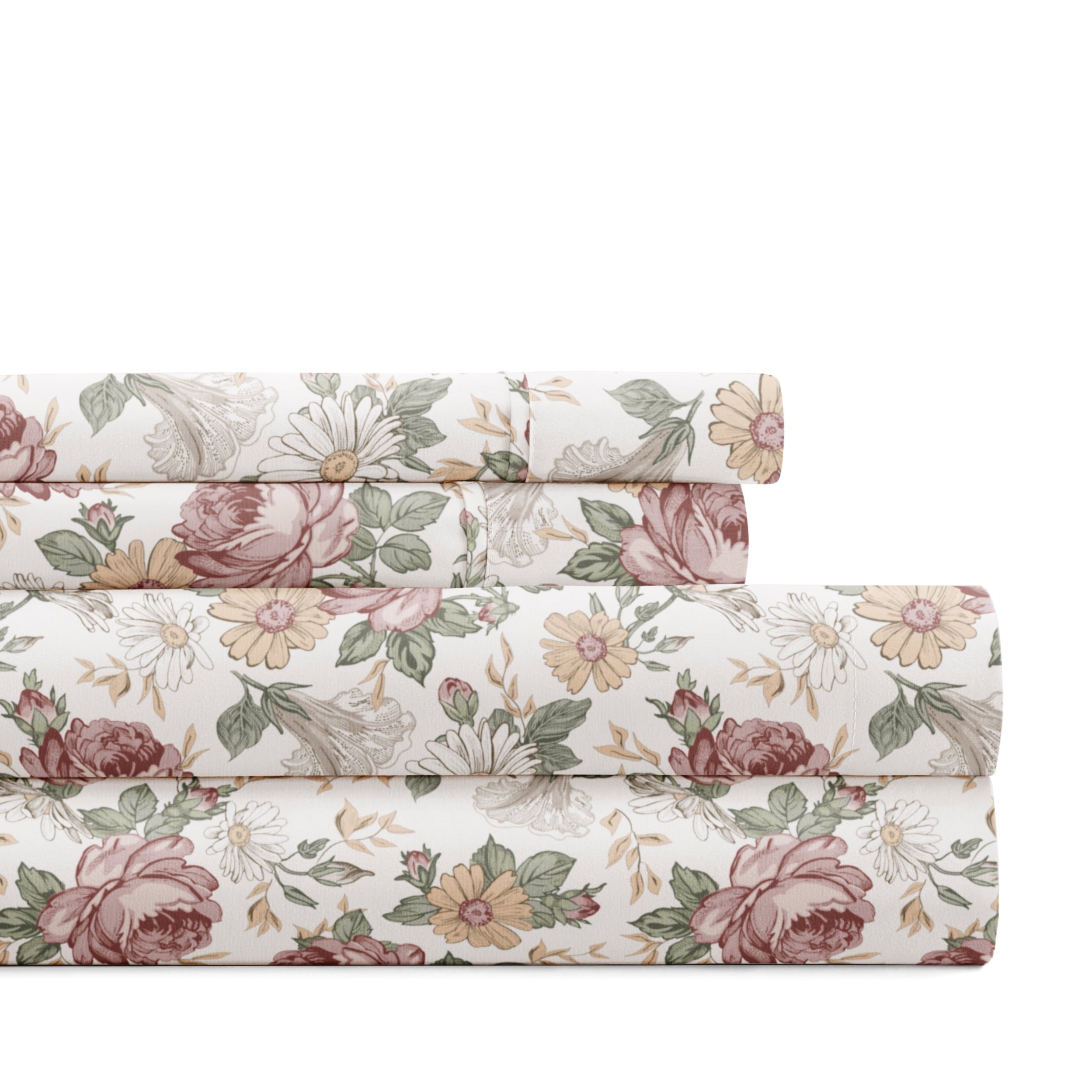 Breathable Luxury 4 Piece Pattern Microfiber Bed Sheets Set, Blooming Floral Rose, Queen - Luxury Bed Sheet Set with Deep Pockets - Default Title