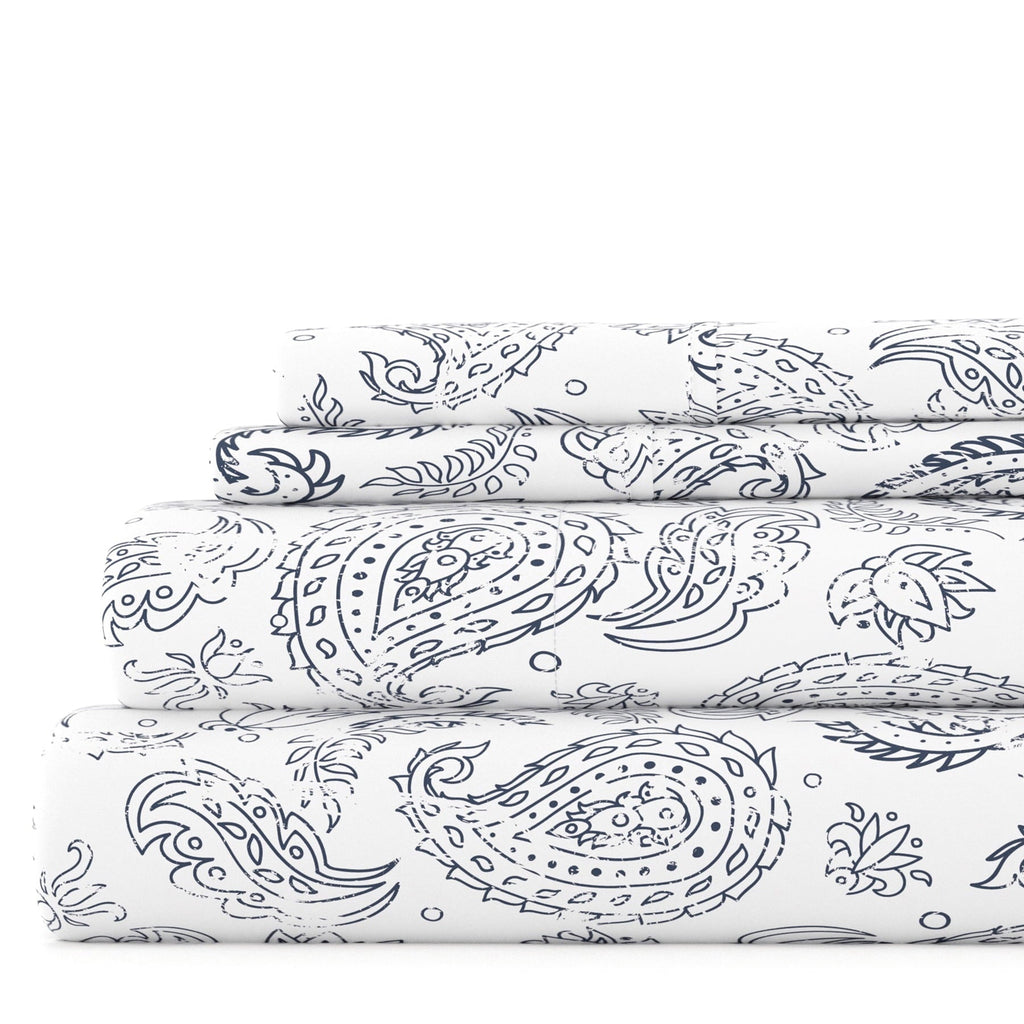 Cooling Sateen 4 Piece Pattern Microfiber Bed Sheets Set, Navy Coarse Paisley, Full - Breathable Egyptian Cotton Flat & Fitted Sheets - Default Title