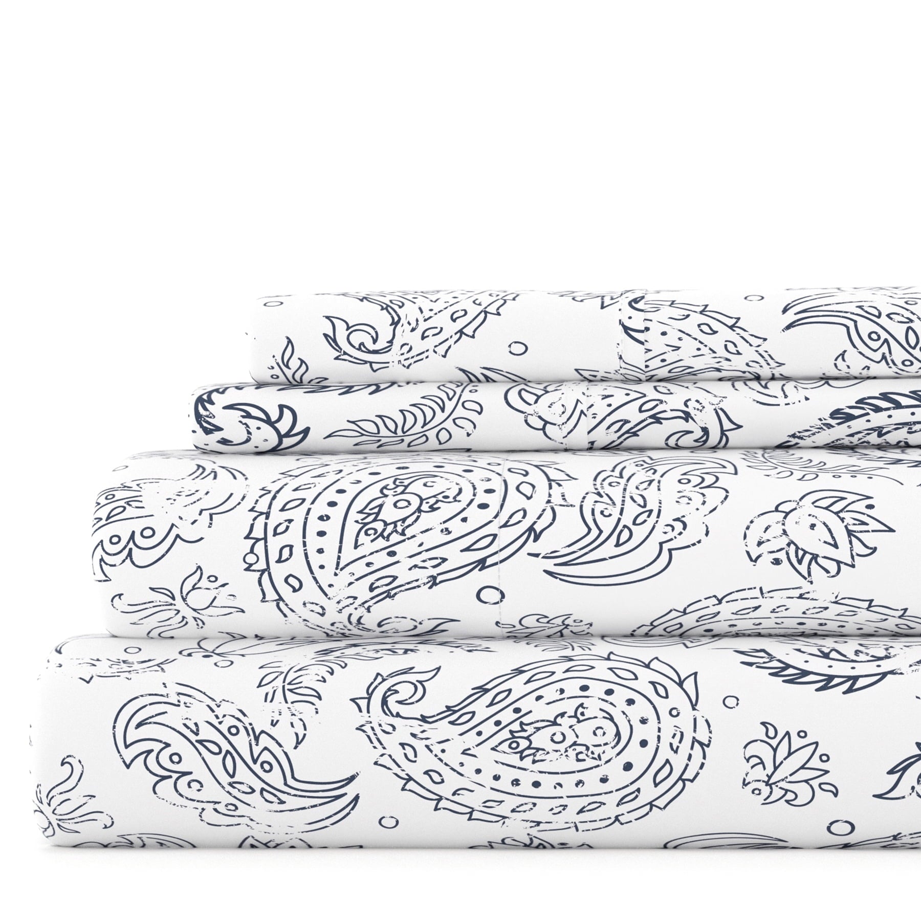 Cooling Sateen 4 Piece Pattern Microfiber Bed Sheets Set, Navy Coarse Paisley, Full - Breathable Egyptian Cotton Flat & Fitted Sheets - Default Title