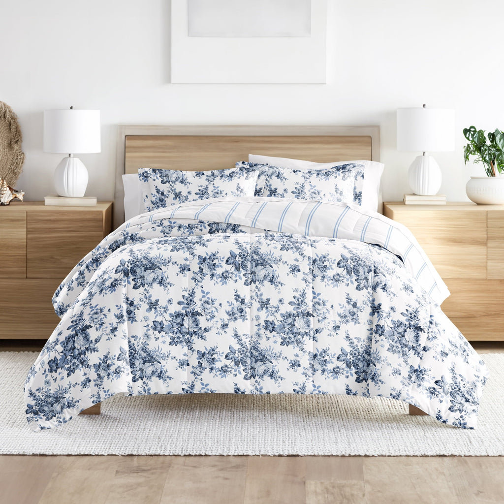 Luxurious Quilted Down Alternative Cabbage Rose Stripe Stone Reversible Comforter Set - Hypoallergenic Ultra-Fluffy Quilt for Winter - Default Title