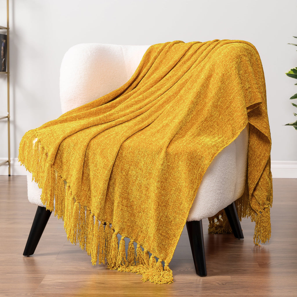 Reversible Sherpa Mustard Yellow Chenille Throw Blanket for Couch, Soft Gold Knit Blanket with Tassel Fringe, Woven Chenille Knitted De... - Cozy Fleece Throw Blanket for Couch & Bed - Default Title