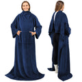 Decorative Knitted Navy Blue Fleece Wearable Blanket with Sleeves for Adults Women Men, Soft Warm Full Body Wrap Throw, Sweatshirt Pocke... - Luxury Knitted Decorative Throw Blanket with Fringes - Default Title