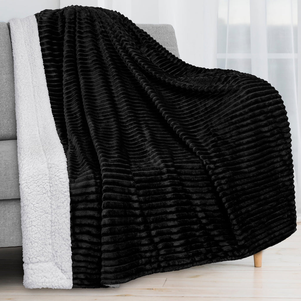 Decorative Knitted Reversible Sherpa Fleece Throw Blanket Black, Plush Flannel Throw, Ultra Soft Warm Ribbed Microfiber Blanket for Sofa... - Cozy Fleece Throw Blanket for Couch & Bed - Default Title