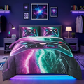 Fluffy Down Alternative Queen Size Gaming Comforter Set for Boys,3-Piece 3D Green Purple Lightning Game Controller Bedding Set for Kids Teens - Cloud-Like Soft Lightweight Bed Comforter - Default Title