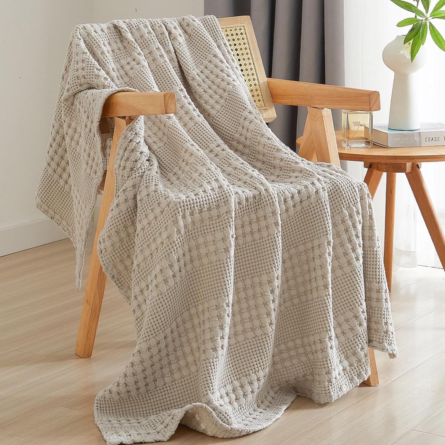 Decorative Knitted 100% Cotton Waffle Weave Blanket, Lightweight Throw Washed Blanket for Bed Sofa Home Decor, Oatmeal, 50"x60" - Lightweight Plush Warm Blanket for All Seasons - Default Title