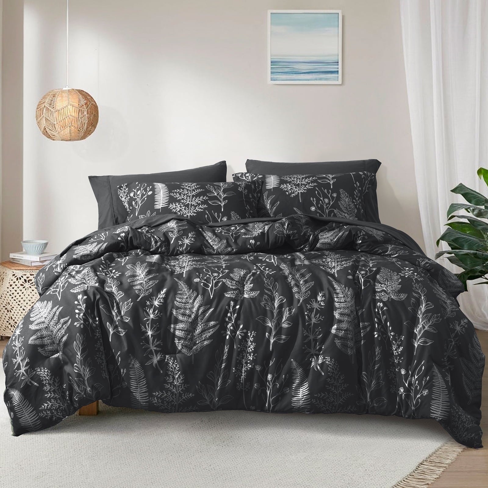 Luxurious Quilted 3 Pieces Printed Comforter Set Queen Size, Lightweight Botanical Floral Bed in a Bag, Ultra Soft Bedding Set with 1 R... - All-Season Down Alternative Comforter Insert - Default Title
