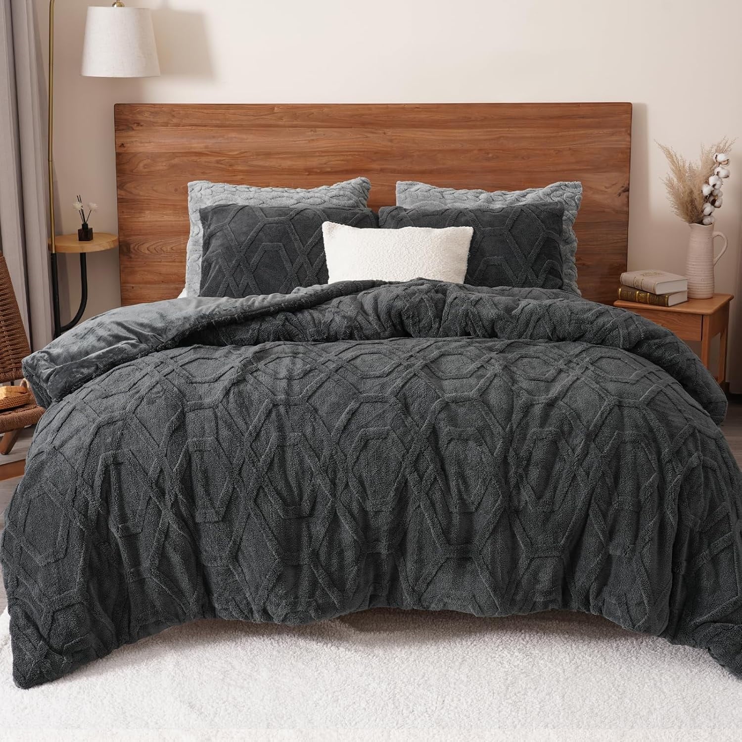 Hypoallergenic Cloud Warm Sherpa Fleece Queen Comforter Set, 3D Tufted Fluffy Dark Grey Bedding for Winter, Soft 3 Pieces Shaggy Bed Set, ... - Luxurious Quilted Duvet Cover Set - Default Title