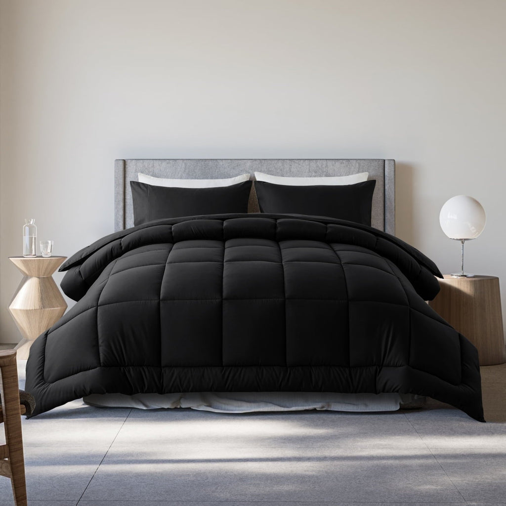 Hypoallergenic Cloud Queen Size 3-Piece All-Season Down Alternative Comforter Set Deep Black (Comforter and Pillowcase Bedding Set / bed i... - Cloud-Like Soft Lightweight Bed Comforter - Default Title