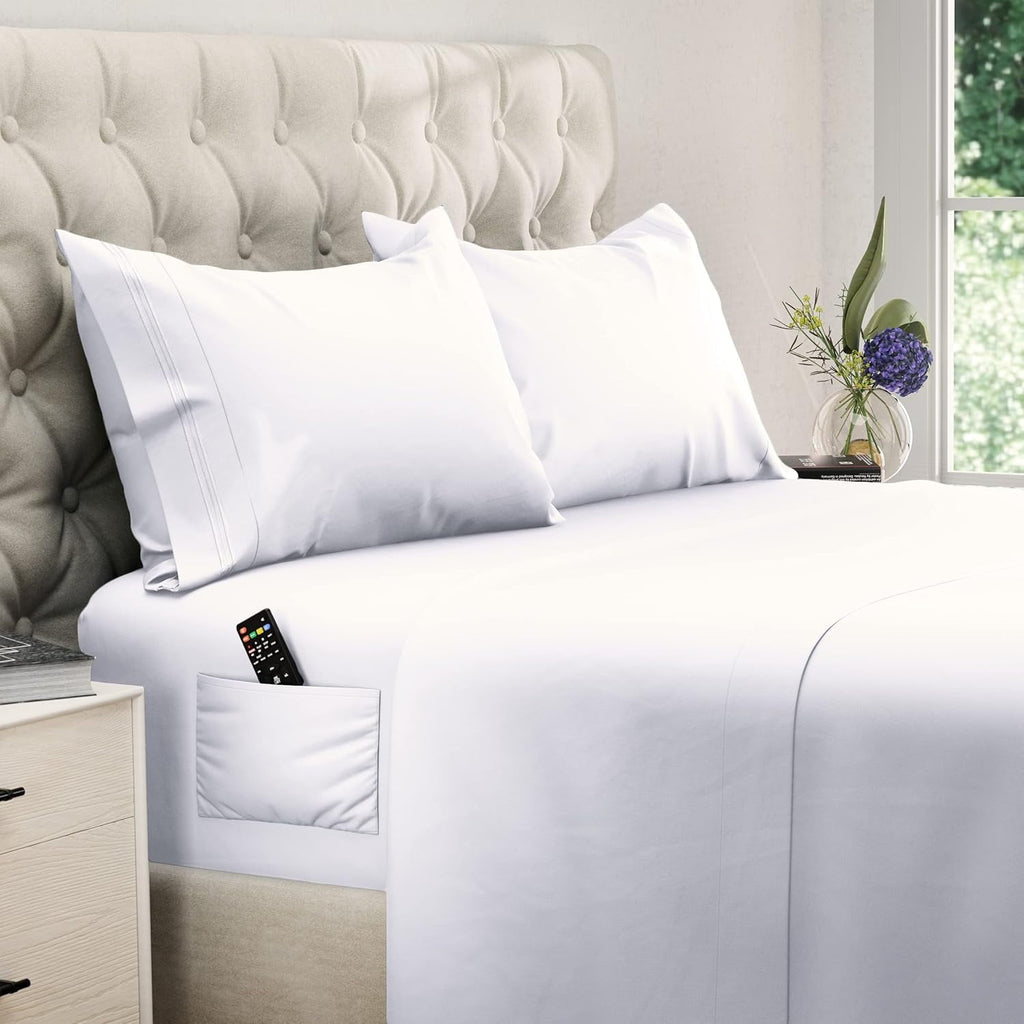 Ultra-Soft Set, Soft Microfiber 4 Piece Hotel Luxury Bed s with Deep Pockets, Embroidered Pillow Cases, Side Storage Pocket Fitt... - Premium Ultra-Soft Pillowcase Pair for Sleeping - Default Title