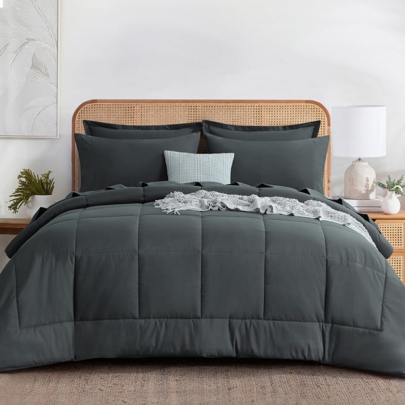 Fluffy Down Alternative 7 Pieces Comforter Set with Sheets - Bed in a Bag with Comforter and All Season Sheets, Pillowcases,Dark Gray,Queen - Hypoallergenic Ultra-Fluffy Quilt for Winter - Default Title
