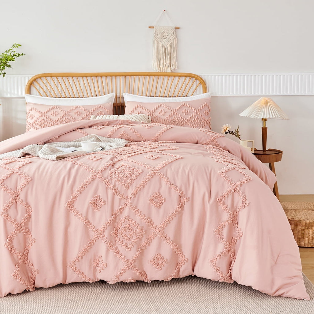 Heavyweight Warmth Pink Diamond Jacquard Comforter Set Queen 3 Pcs Bohemian Tufts Quilt Set for Kids Girls Adult 100% Soft Microfiber Be... - Hypoallergenic Ultra-Fluffy Quilt for Winter - Default Title