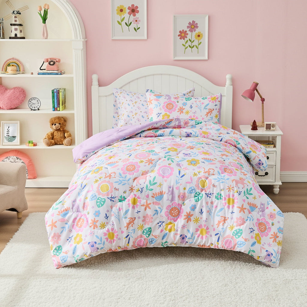 Fluffy Down Alternative Floral Comforter Set, Soft Microfiber Flower Bedding Set, 5 Pieces with Comforter, Sheets and Pillowcases, Twin - Cloud-Like Soft Lightweight Bed Comforter - Default Title