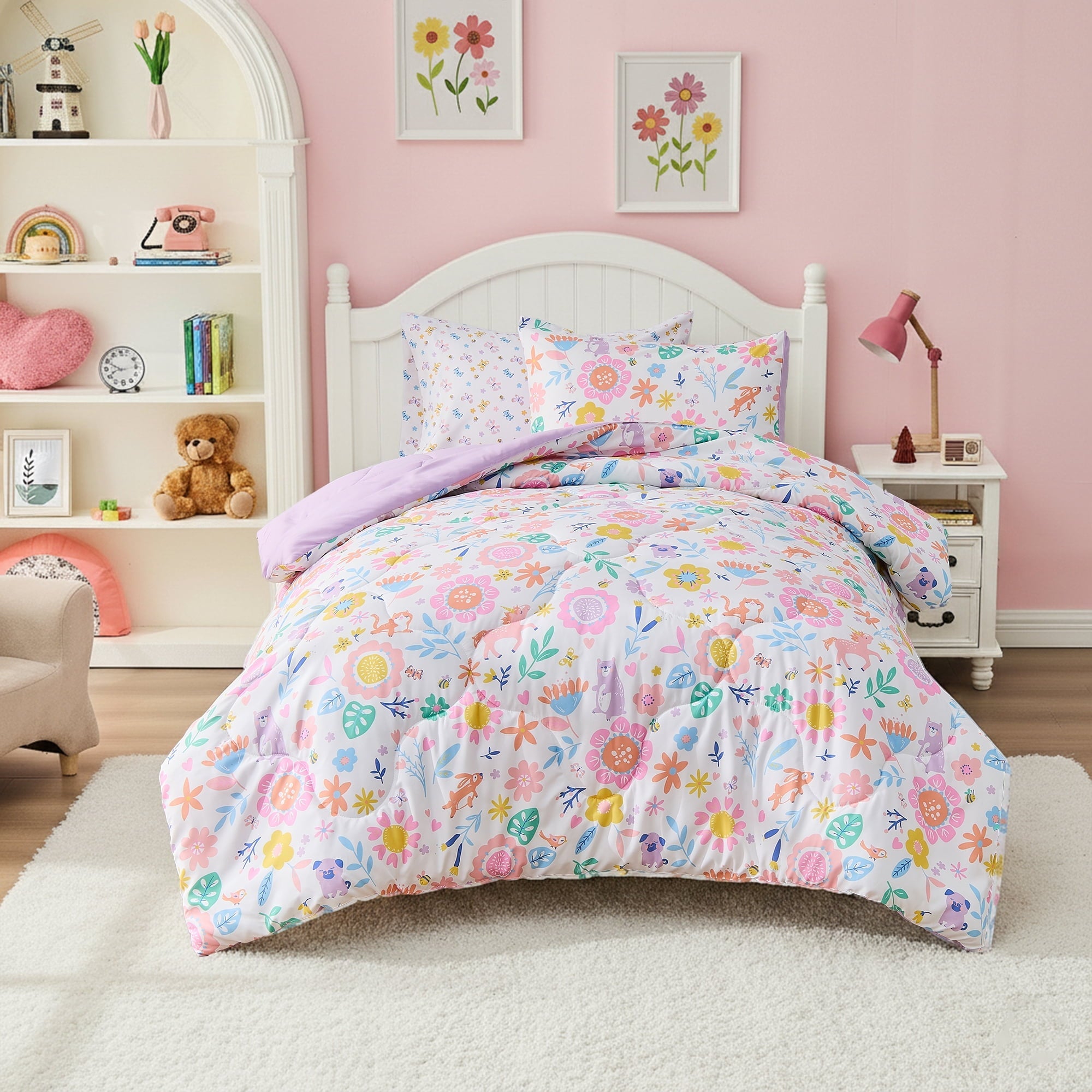 Fluffy Down Alternative Floral Comforter Set, Soft Microfiber Flower Bedding Set, 5 Pieces with Comforter, Sheets and Pillowcases, Twin - Cloud-Like Soft Lightweight Bed Comforter - Default Title