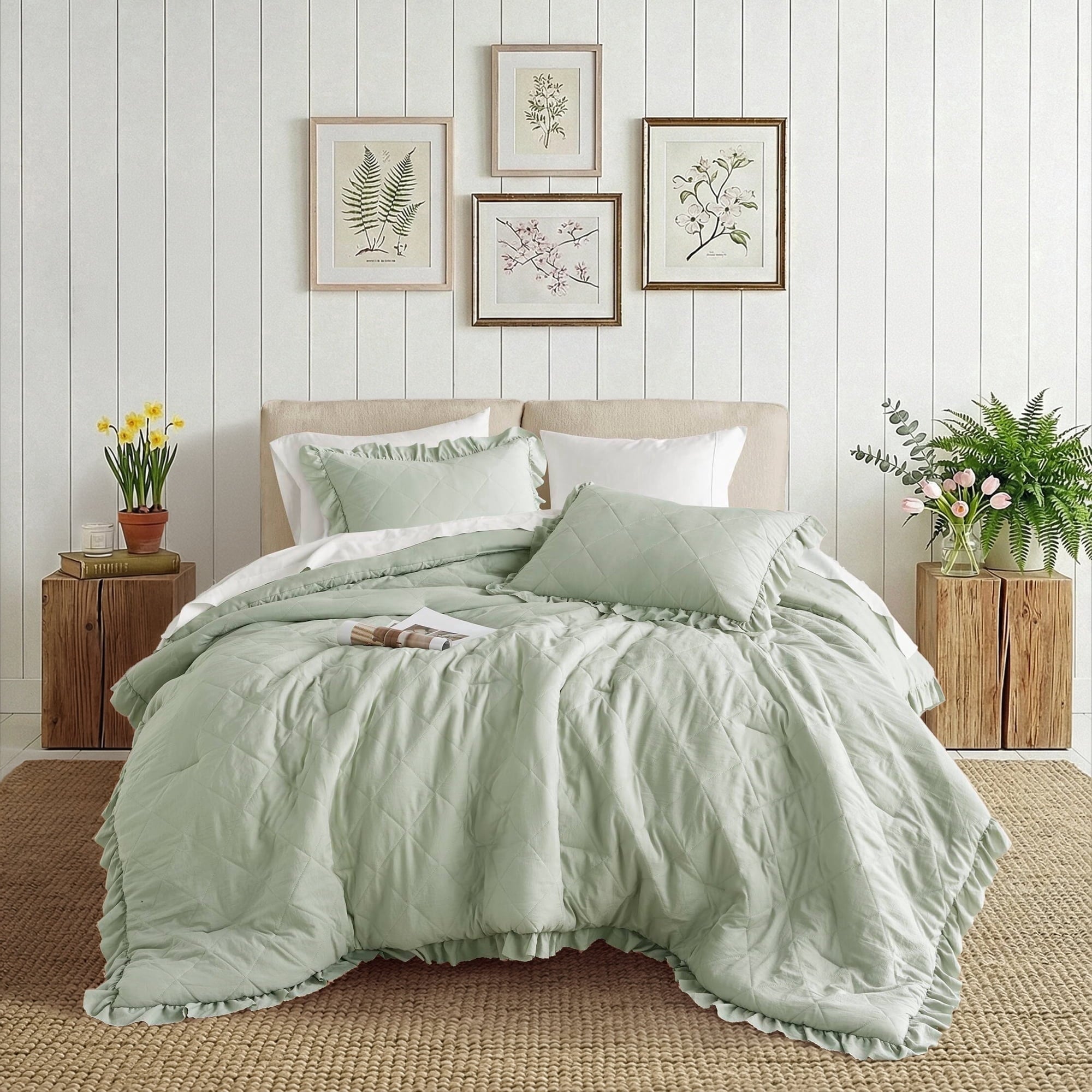 All-Season Full/Queen Comforter Set Sage, 3 Pieces Quilted Ruffle Comforters Full/Queen Size, Solid Bedding Comforters Sets, Gif... - Cloud-Like Soft Lightweight Bed Comforter - Default Title