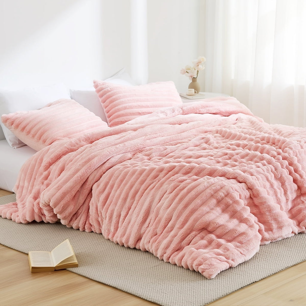 Hypoallergenic Cloud Full/Queen Size Comforter Set, Fluffy Ribbed Plush Comforter Set, 3-Piece Bedding Set, Pink - Hypoallergenic Ultra-Fluffy Quilt for Winter - Default Title