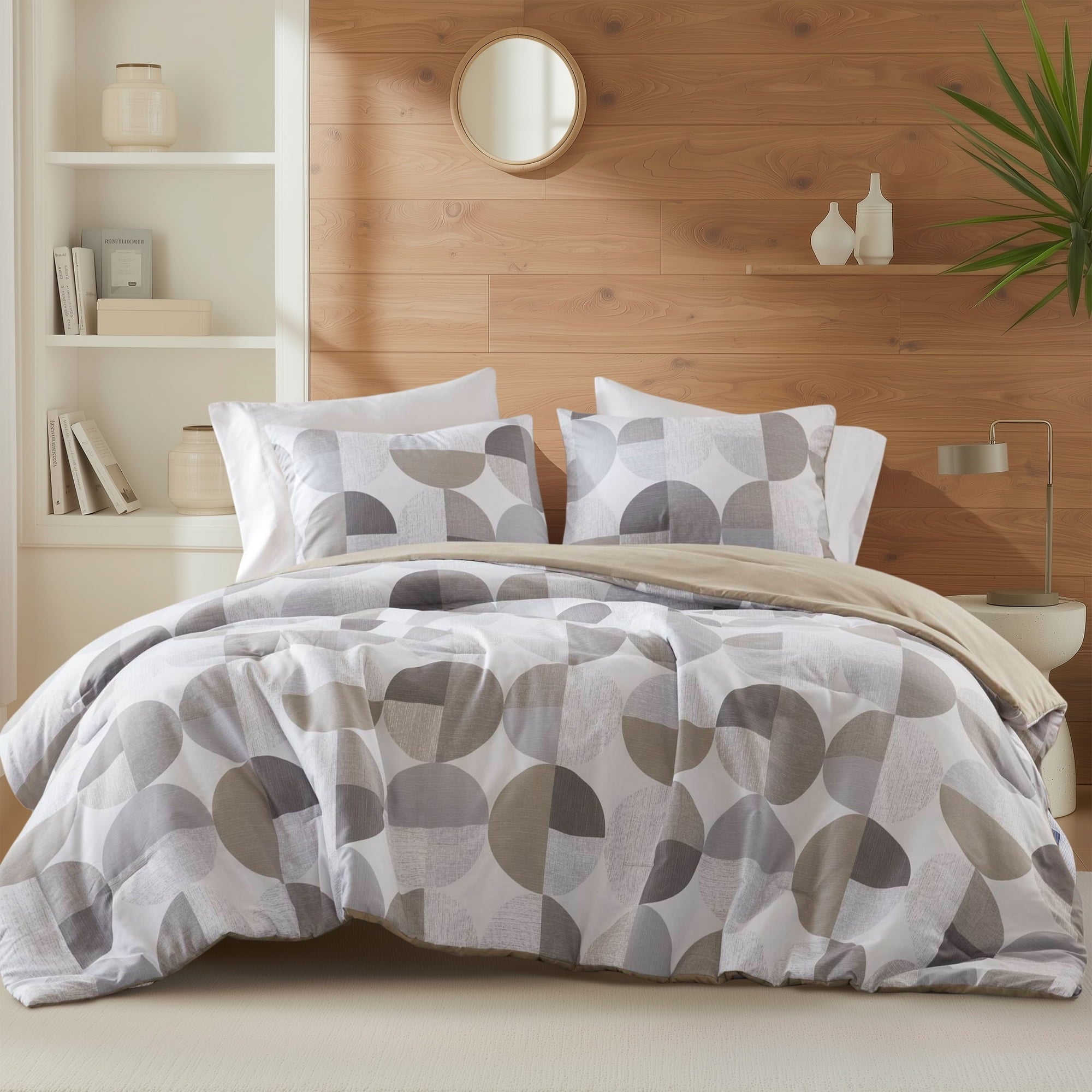 Heavyweight Warmth Full/Queen Size Comforter Set, Tan/Gray Bedding Set for All Seasons, 3-Piece Round Geometric Print Bedding Comforter Set - All-Season Down Alternative Comforter Insert - Default Title
