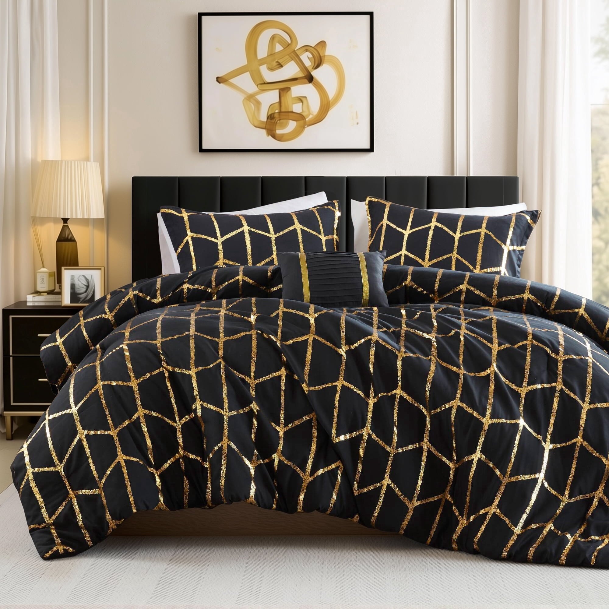 Heavyweight Warmth Full/Queen Size Comforter Set, 4-Piece Bedding Set for All Seasons, Geometric Metallic Comforter Bed Set with Decor P... - Luxurious Quilted Duvet Cover Set - Default Title