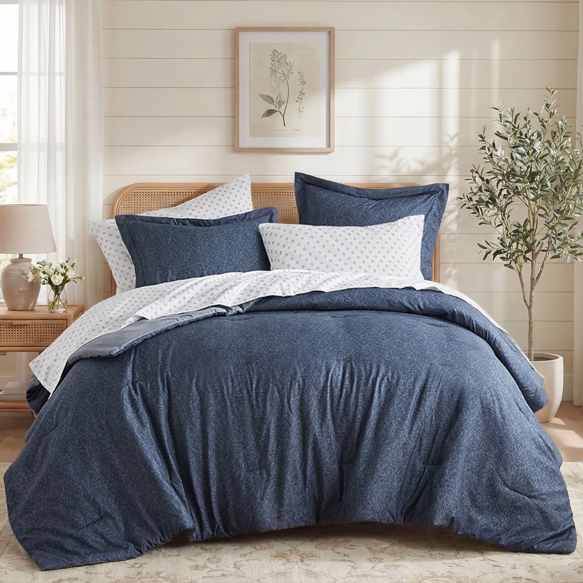 Hypoallergenic Cloud Queen Size Comforter Set, 7-Piece Reversible Bed in a Bag with Sheets, Navy - All-Season Down Alternative Comforter Insert - Default Title