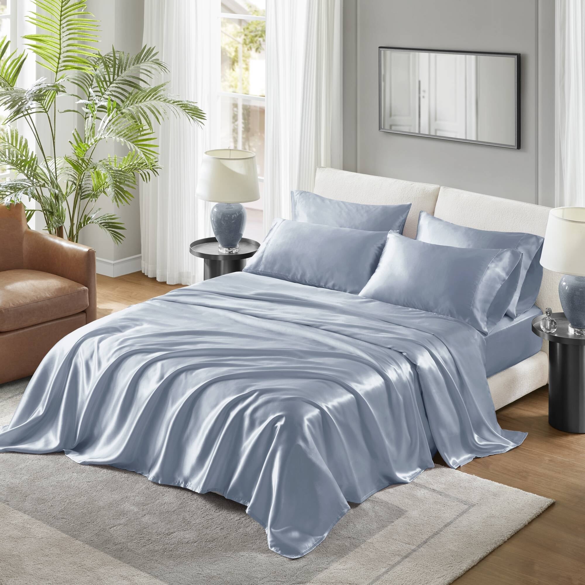 Wrinkle-Resistant Satin Sheet Set, Twin Bed Sheets with Pillowcases, 4-Piece Luxury Silky Sheet Set, Blue, Gifts for Women - Luxury Bed Sheet Set with Deep Pockets - Default Title