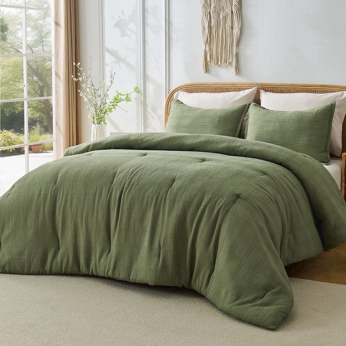 Fluffy Down Alternative Waffle Weave Comforter Set Full/Queen Size, Lightweight & Breathable Comforter Bet Set for All Season, 3-Piece Textur... - Hypoallergenic Ultra-Fluffy Quilt for Winter - Default Title