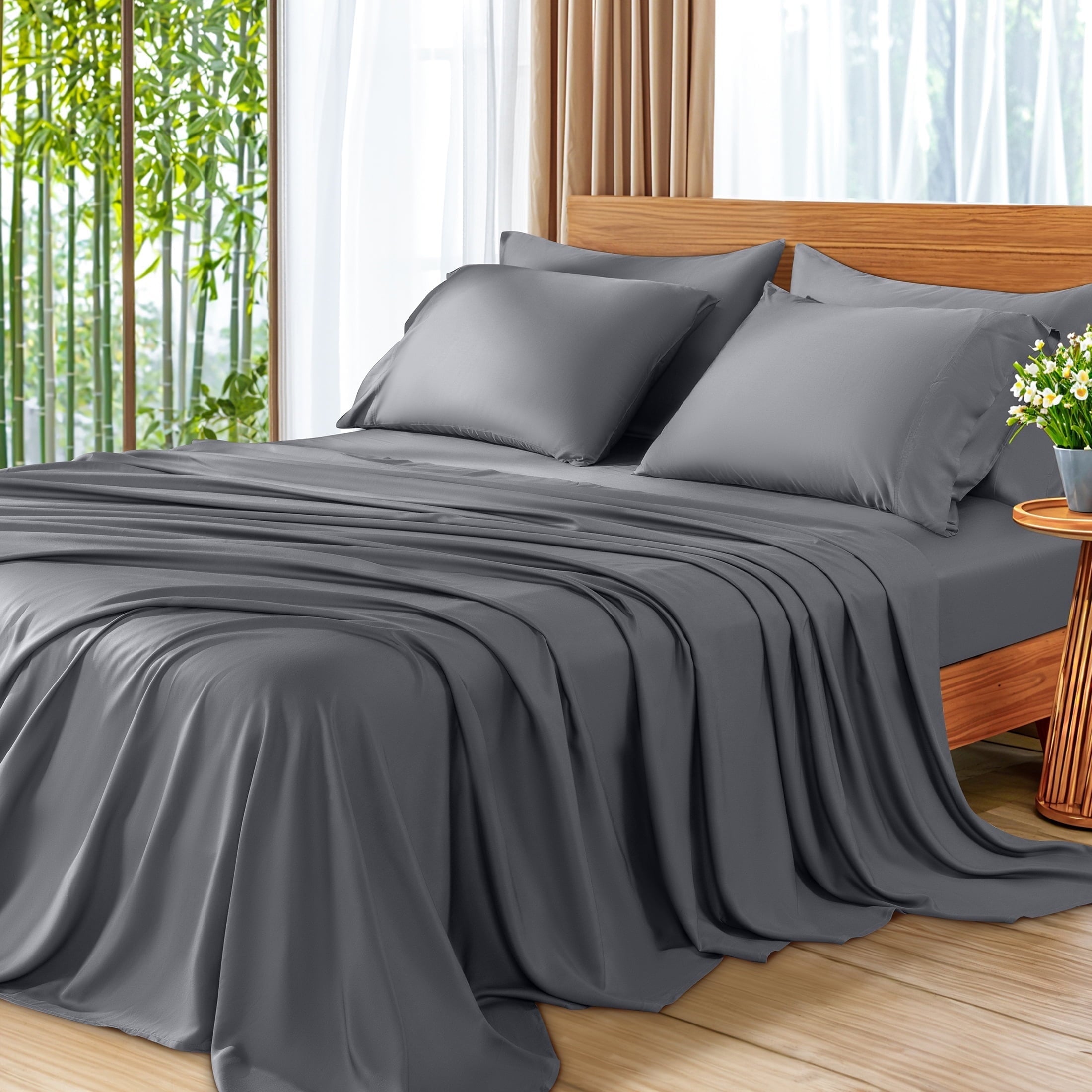 Wrinkle-Resistant 6 Pieces Bamboo Bed Sheets Set, Luxury Rayon Derived - Deep Pockets - Wrinkle Free - Extremely Soft, Queen, Dark Gray - Premium Ultra-Soft Pillowcase Pair for Sleeping - Default Title