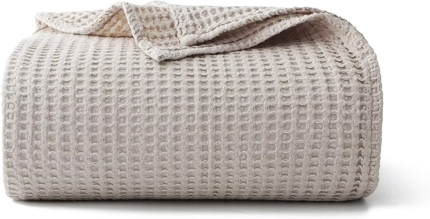 Lightweight Warm 100% Cotton Waffle Bed Blanket King Size, Throw Blanket for Couch All Seasons (Beige, 104x90) - Lightweight Plush Warm Blanket for All Seasons - Default Title
