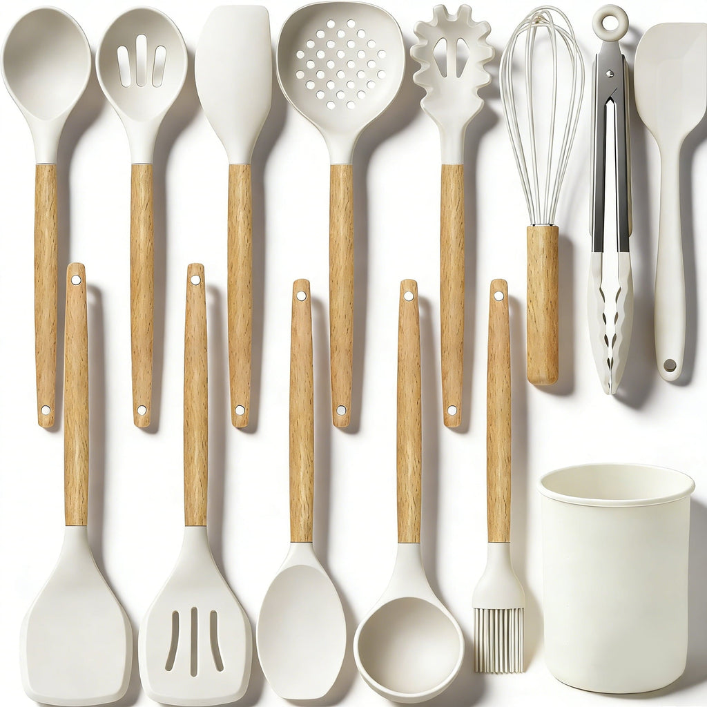 Ergonomic Cooking 14-Piece Silicone Cooking Utensils Set, Non-Stick Kitchen Utensil Set for Baking, Flipping, Mixing, White - Durable Turner & Ladle Utensil Set for Home Chefs - Default Title