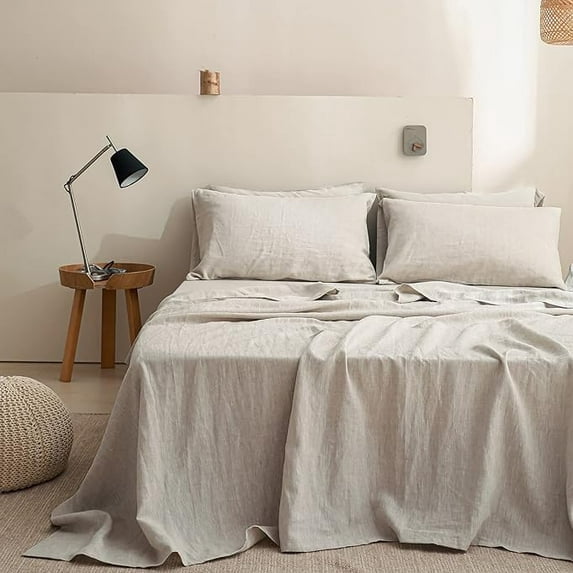Cooling Sateen 100% Linen Sheet Set Solid Color-4 Pcs Washed French Linen Bed Sheets(1 Flat Sheet,1 Fitted Sheet,2 Pillowcases)-Brea... - Premium Ultra-Soft Pillowcase Pair for Sleeping - Default Title