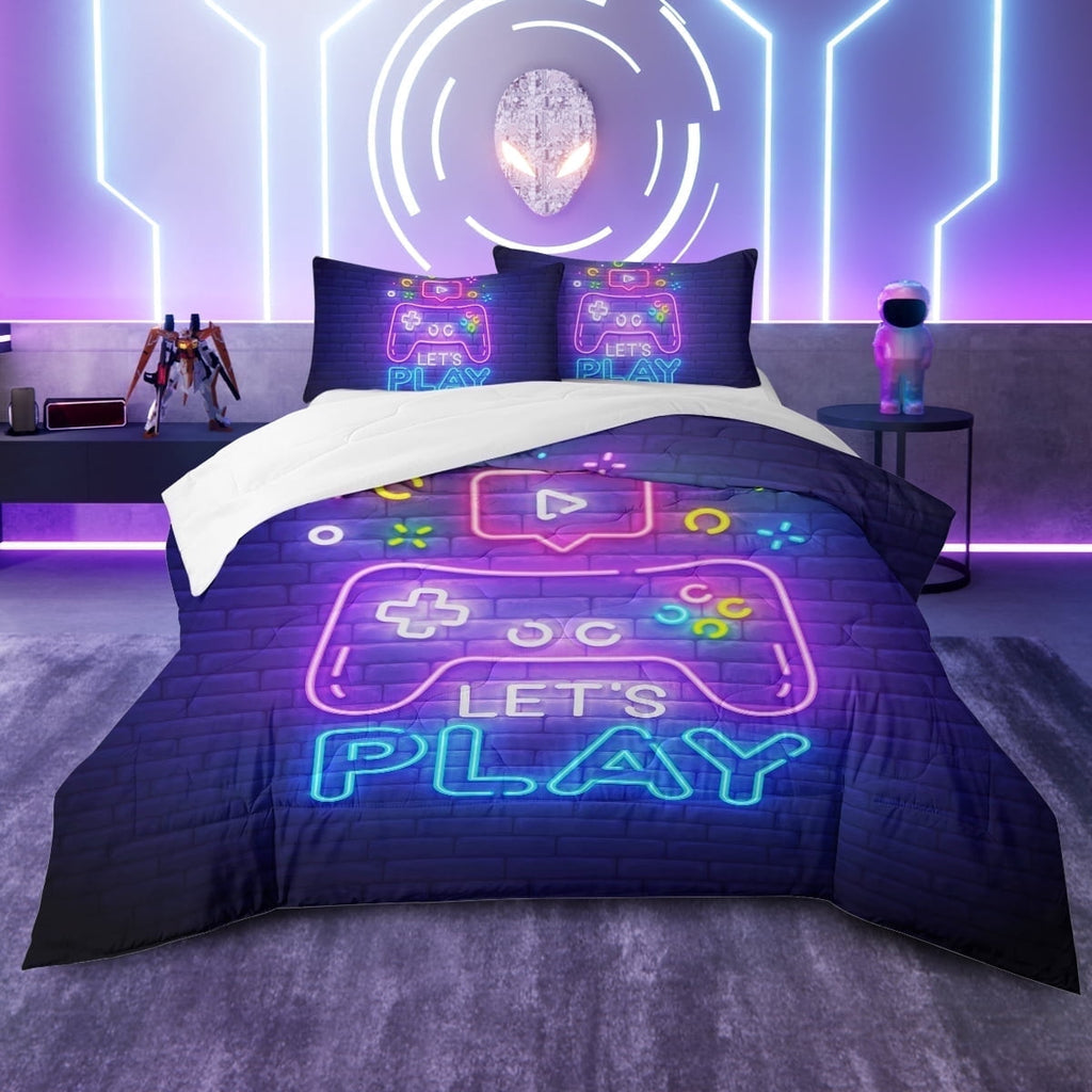 Luxurious Quilted Gaming Comforter Set for Boys, 3-Piece Abstract Neon Kids Bedding Sets Twin Size - All-Season Down Alternative Comforter Insert - Default Title