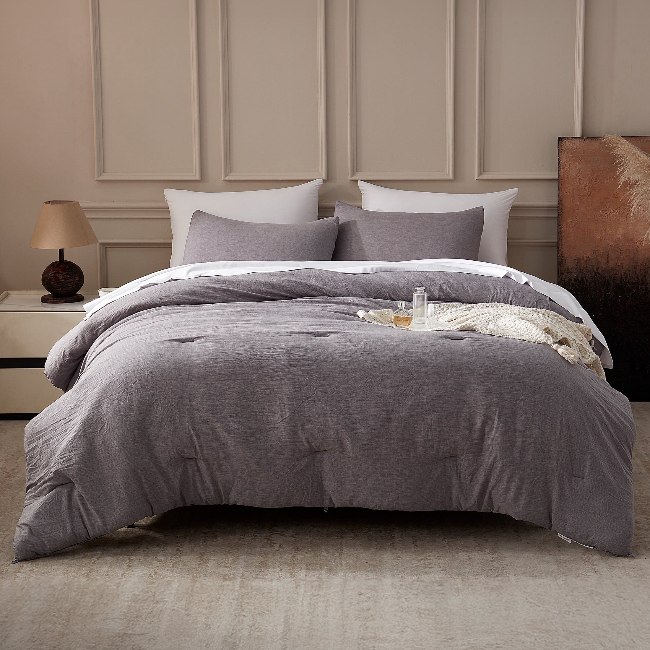 Luxurious Quilted Washed Comforter Set Full Size - 3 Pieces Soft Luxury Cationic Dyeing Bedding Sets, Linen-Like Texture Breathable Wri... - Cloud-Like Soft Lightweight Bed Comforter - Default Title