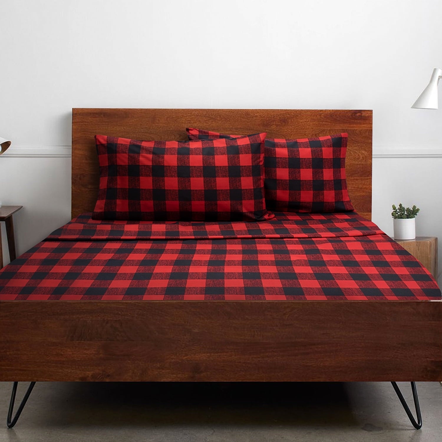 Breathable Luxury Buffalo Plaid Black and Red 4 Piece Bed Sheet Set - Twin - Breathable Egyptian Cotton Flat & Fitted Sheets - Default Title