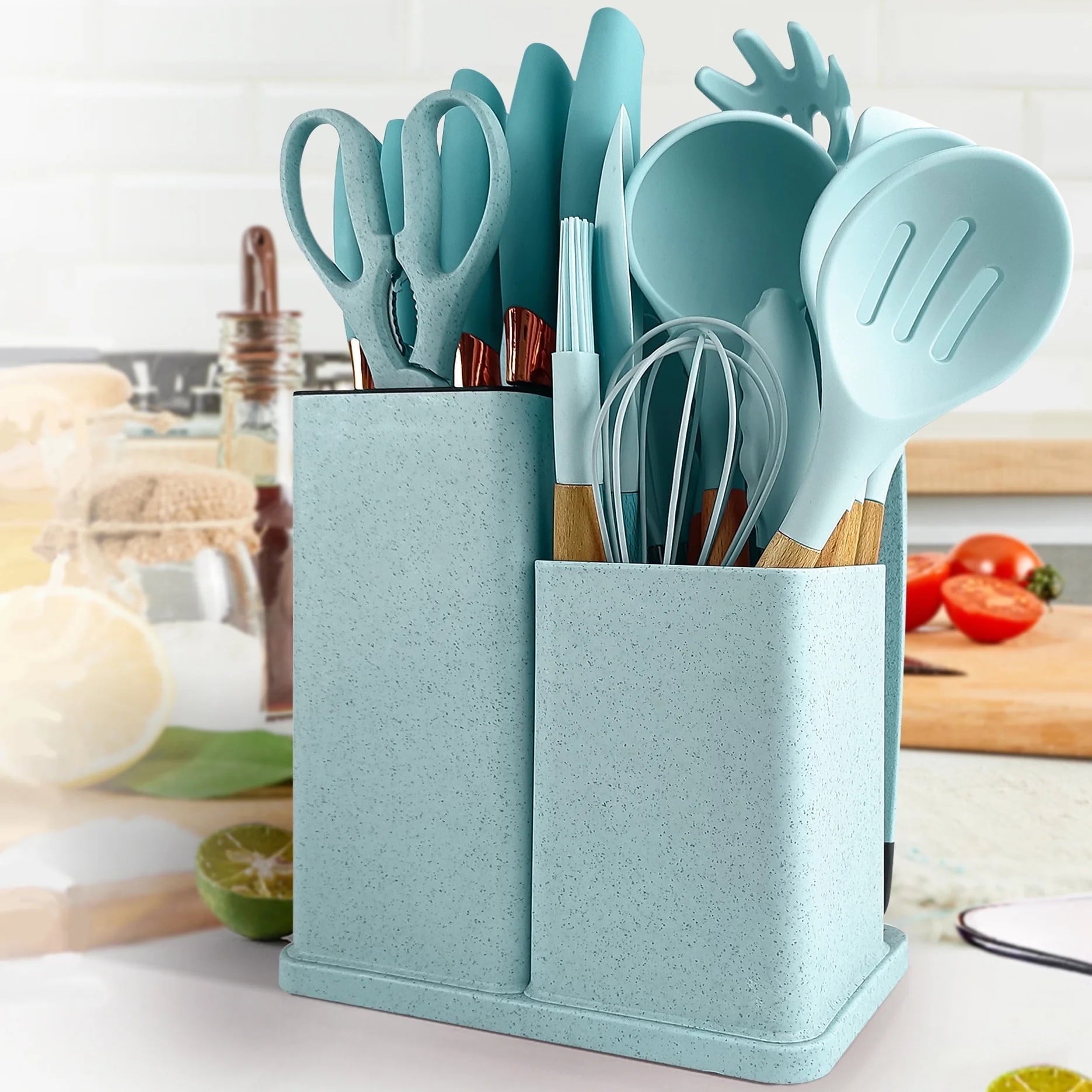 Durable Steel Silicone Kitchen Cooking Utensils Set, 19 Pieces Utensil with Holder, Heat Resistant, Green - Professional Kitchen Tool for Culinary Enthusiasts - Default Title