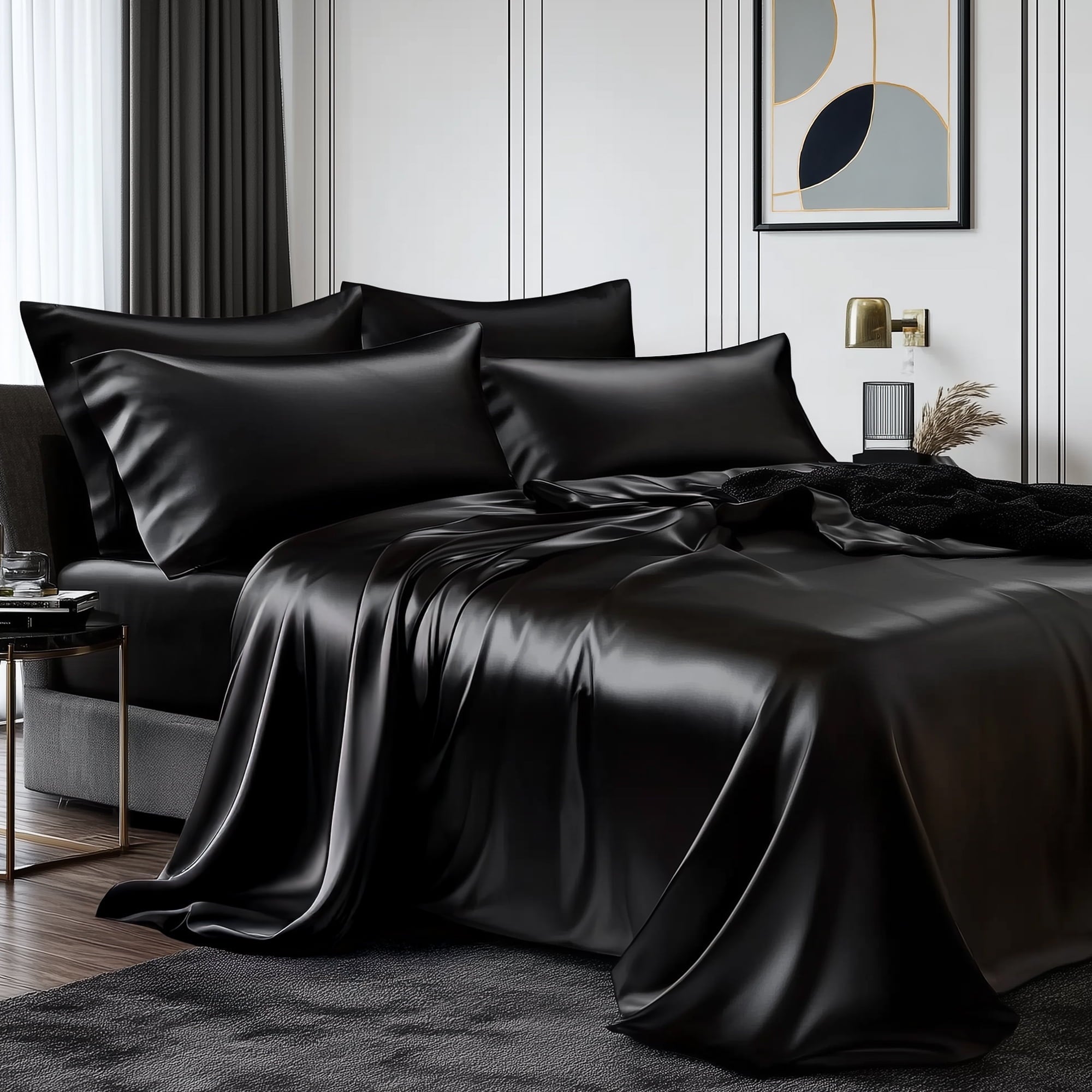 Premium Egyptian Cotton Queen Silk Black Bed Sheet Set,4 Pieces 1800 Microfiber 2 Pillowcase 20"x30" - Breathable Egyptian Cotton Flat & Fitted Sheets - Default Title