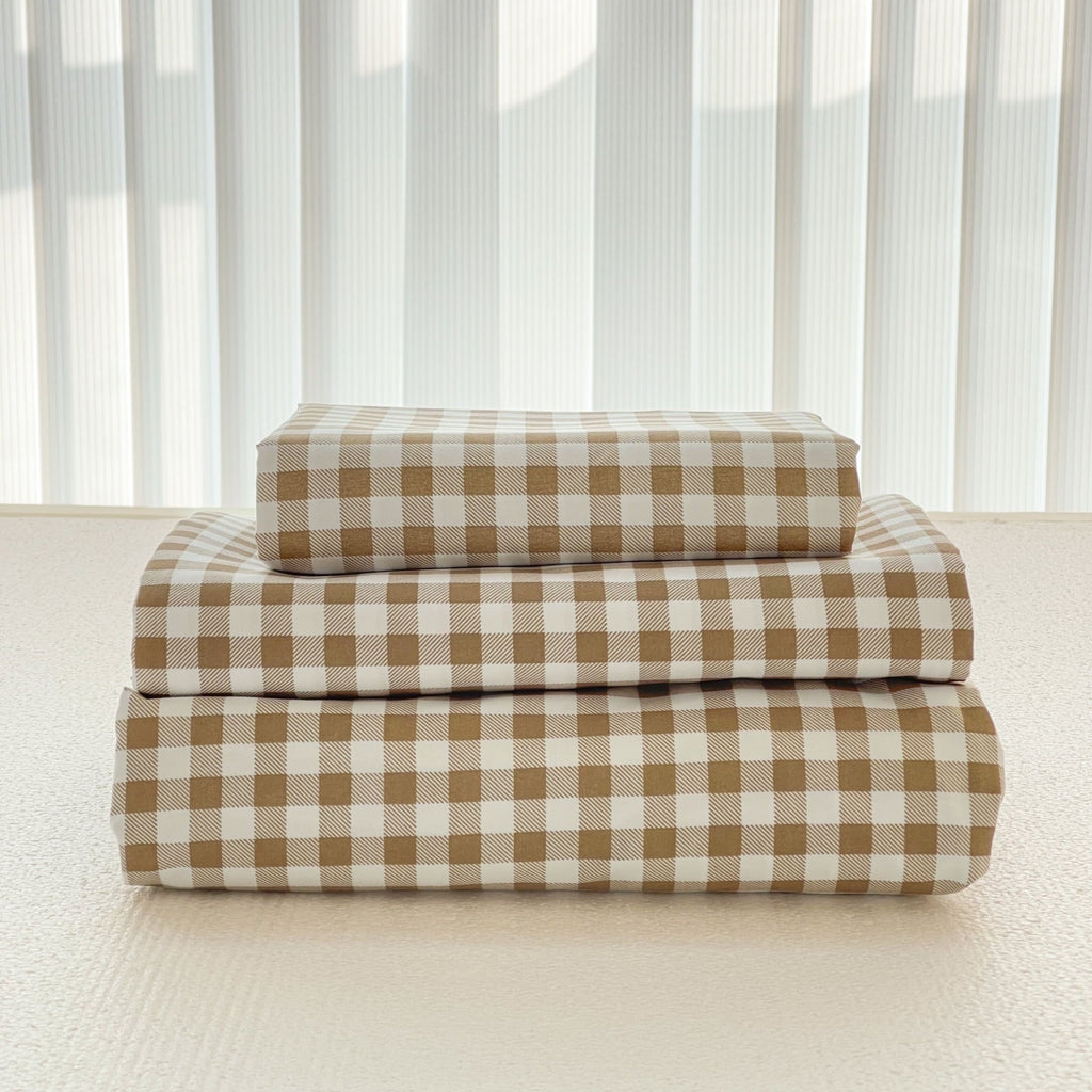 Breathable Luxury Sheet Set, Soft Brushed Microfiber Taupe Plaid Sheets, 4-Piece Brown Grid Set with Deep Pocket - Breathable Egyptian Cotton Flat & Fitted Sheets - Default Title