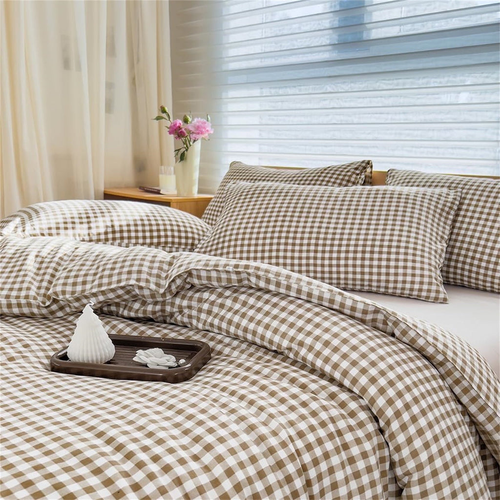 Heavyweight Warmth Tan Gingham Queen Comforter Set, Taupe Plaid Bedding Set, Checked Bed Comforter 3 Pieces(Tan Gingham, Queen) - Luxurious Quilted Duvet Cover Set - Default Title