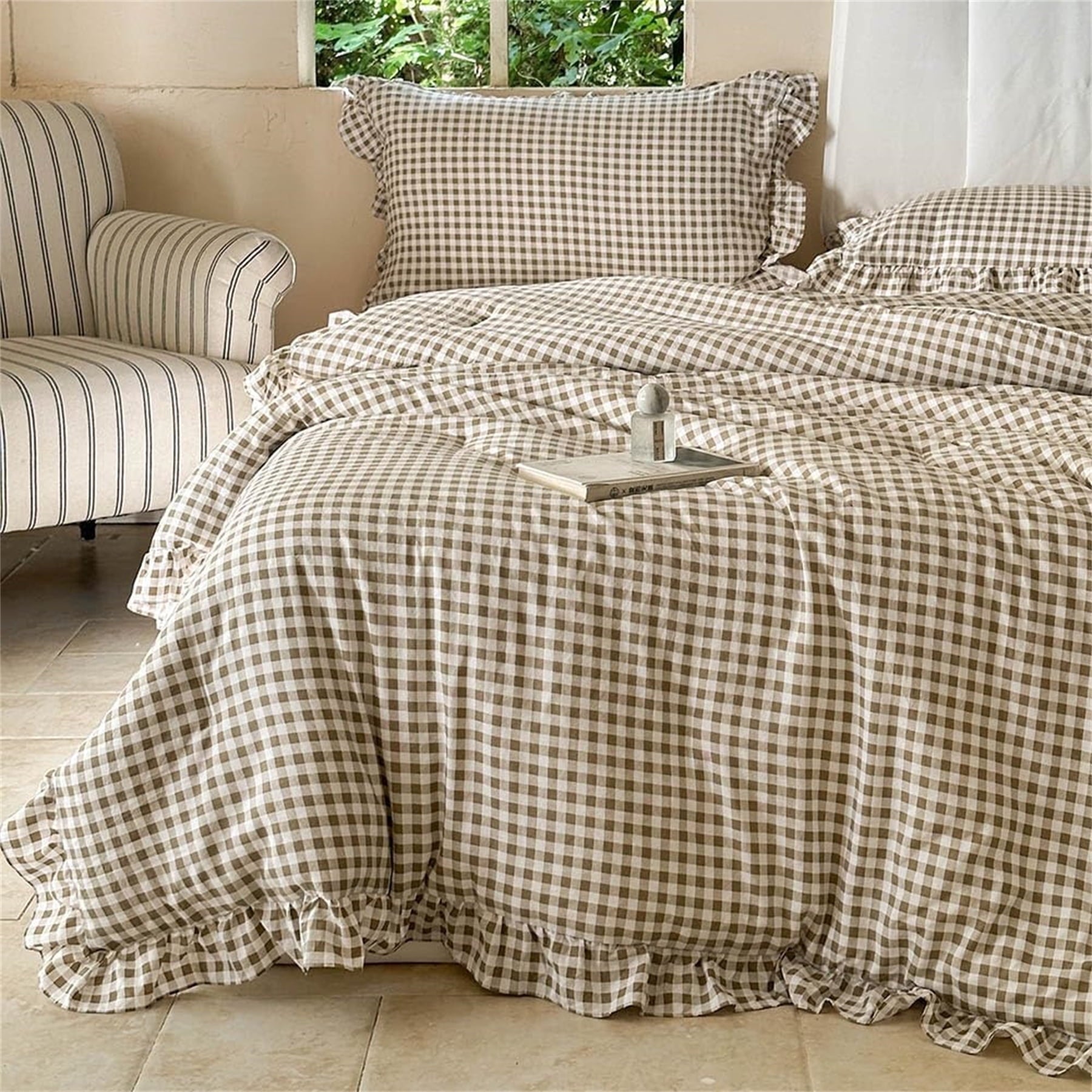 Luxurious Quilted Tan Gingham Ruffle Queen Comforter Set, Taupe Ruffled Plaid Bedding Set, Ruffled Checked Bed Comforter 3 Pieces(Tan G... - Luxurious Quilted Duvet Cover Set - Default Title