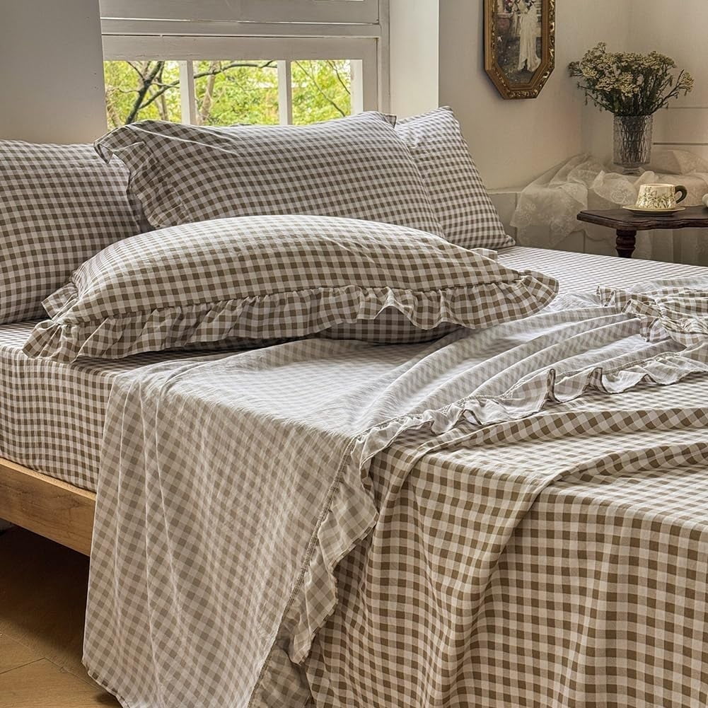Premium Egyptian Cotton Tan Gingham Ruffle Queen Sheet Set, Taupe Soft Pre-Washed Microfiber Plaid Ruffled Queen Bed Sheets, 4-Pieces Farmhou... - Premium Ultra-Soft Pillowcase Pair for Sleeping - Default Title