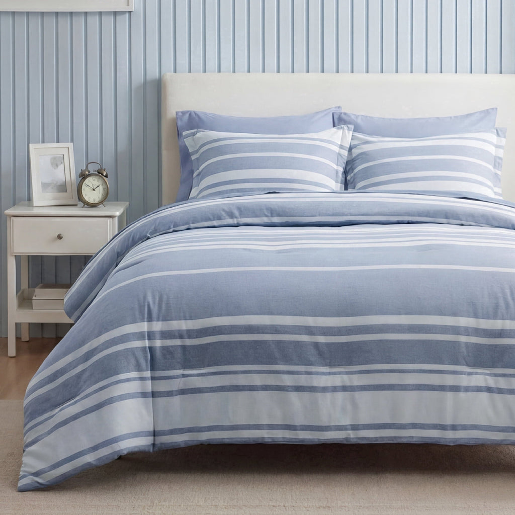 Luxurious Quilted Queen Comforter Set Blue, Bed in a Bag Queen Size Bedding 7-Pieces, Striped Bedding Set for All Seasons - Hypoallergenic Ultra-Fluffy Quilt for Winter - Default Title