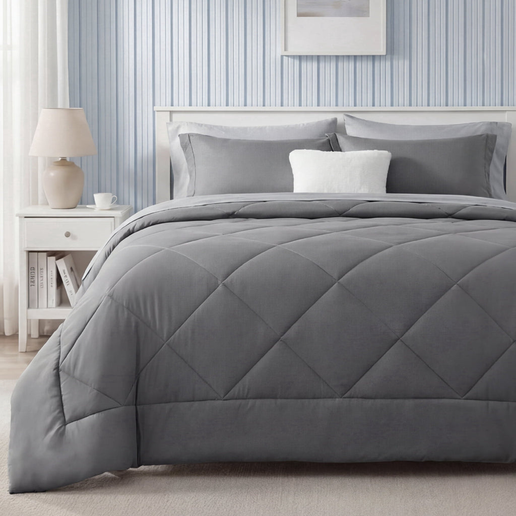 Heavyweight Warmth Queen Reversible Comforter Set - 7 Pieces Grey Bedding, Bed in a Bag with Alternative Comforter, Sheets, Pillowcases ... - Cloud-Like Soft Lightweight Bed Comforter - Default Title