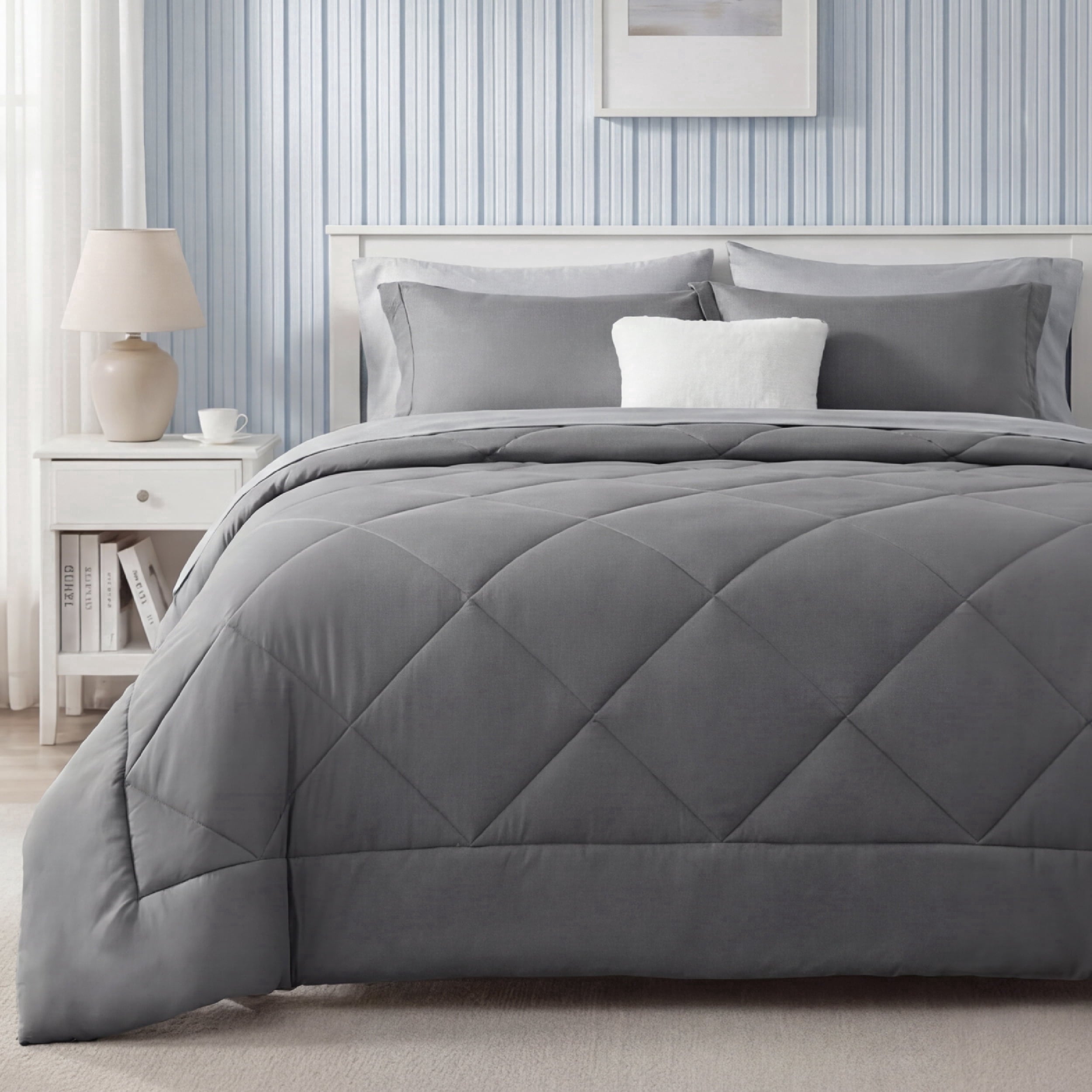 Heavyweight Warmth Queen Reversible Comforter Set - 7 Pieces Grey Bedding, Bed in a Bag with Alternative Comforter, Sheets, Pillowcases ... - Cloud-Like Soft Lightweight Bed Comforter - Default Title