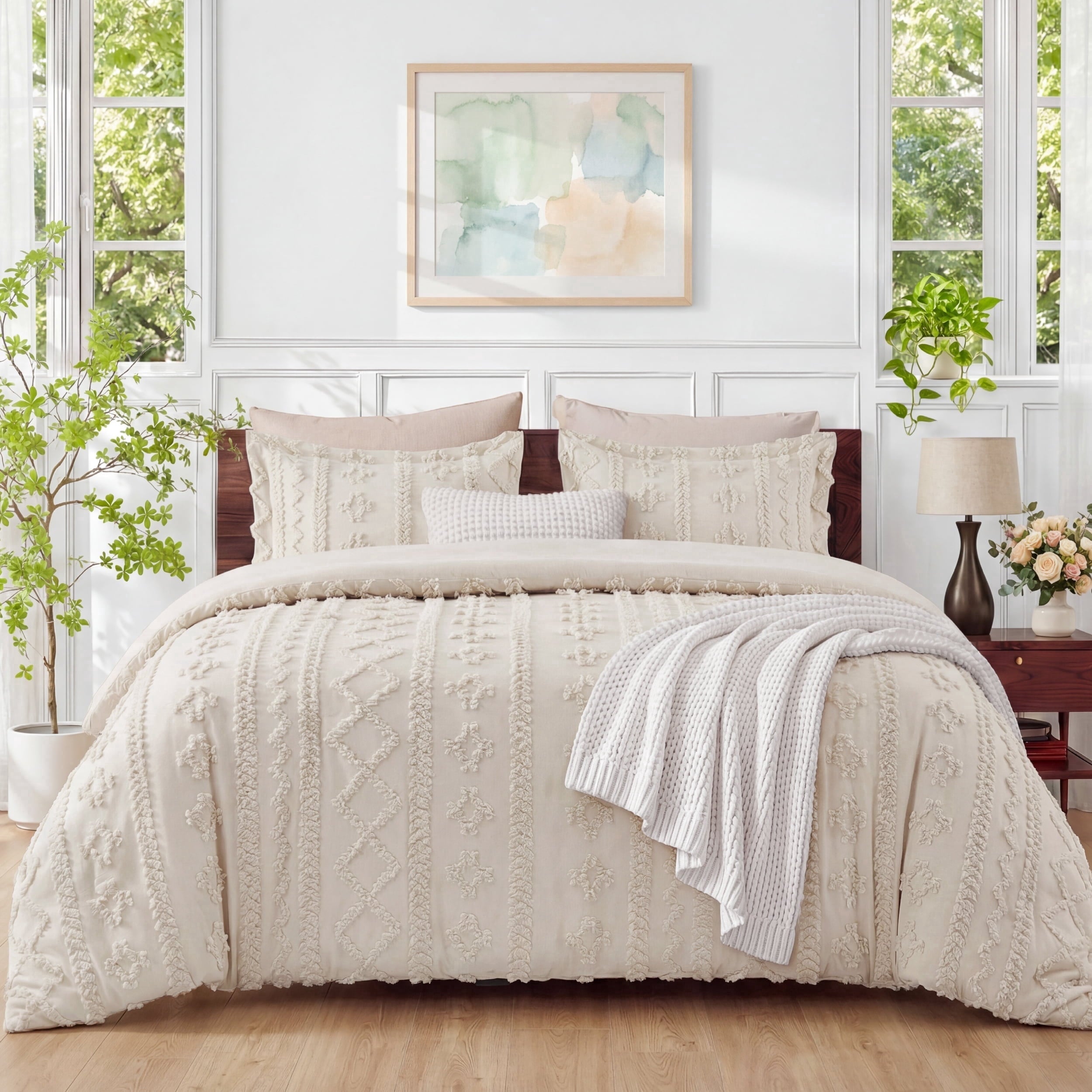 Fluffy Down Alternative Tufted Boho Comforter Set Queen, Beige, 3 Pieces Farmhouse Shabby Chic Embroidery Bedding Set, Soft Jacquard Comforte... - Luxurious Quilted Duvet Cover Set - Default Title