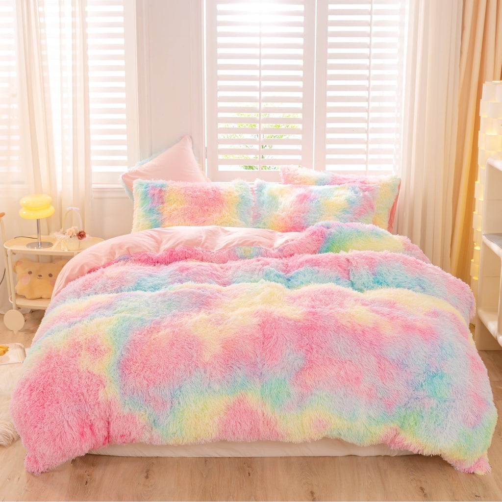 Hypoallergenic Cloud 3Pcs Pink Faux Fur Twin Comforter Set for Girls Tie Dye Rainbow Kid Bed Set Plush Shaggy Bedding Sets Fuzzy Bed Comfo... - Luxurious Quilted Duvet Cover Set - Default Title
